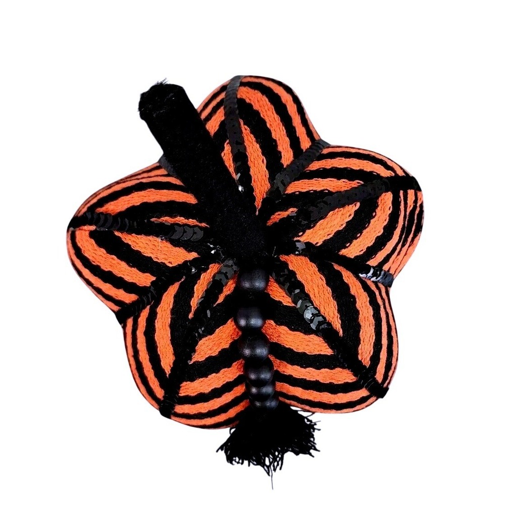 Orange Black Striped Fabric Pumpkin Halloween Decor Sequin Beaded Tassel Accent - Picture 2 of 7